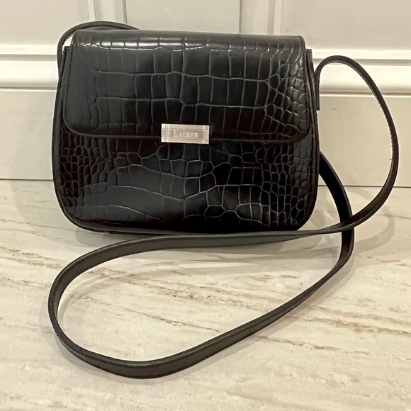 Ralph Lauren reptile embossed leather shoulder bag in black - Picture 1 of 4